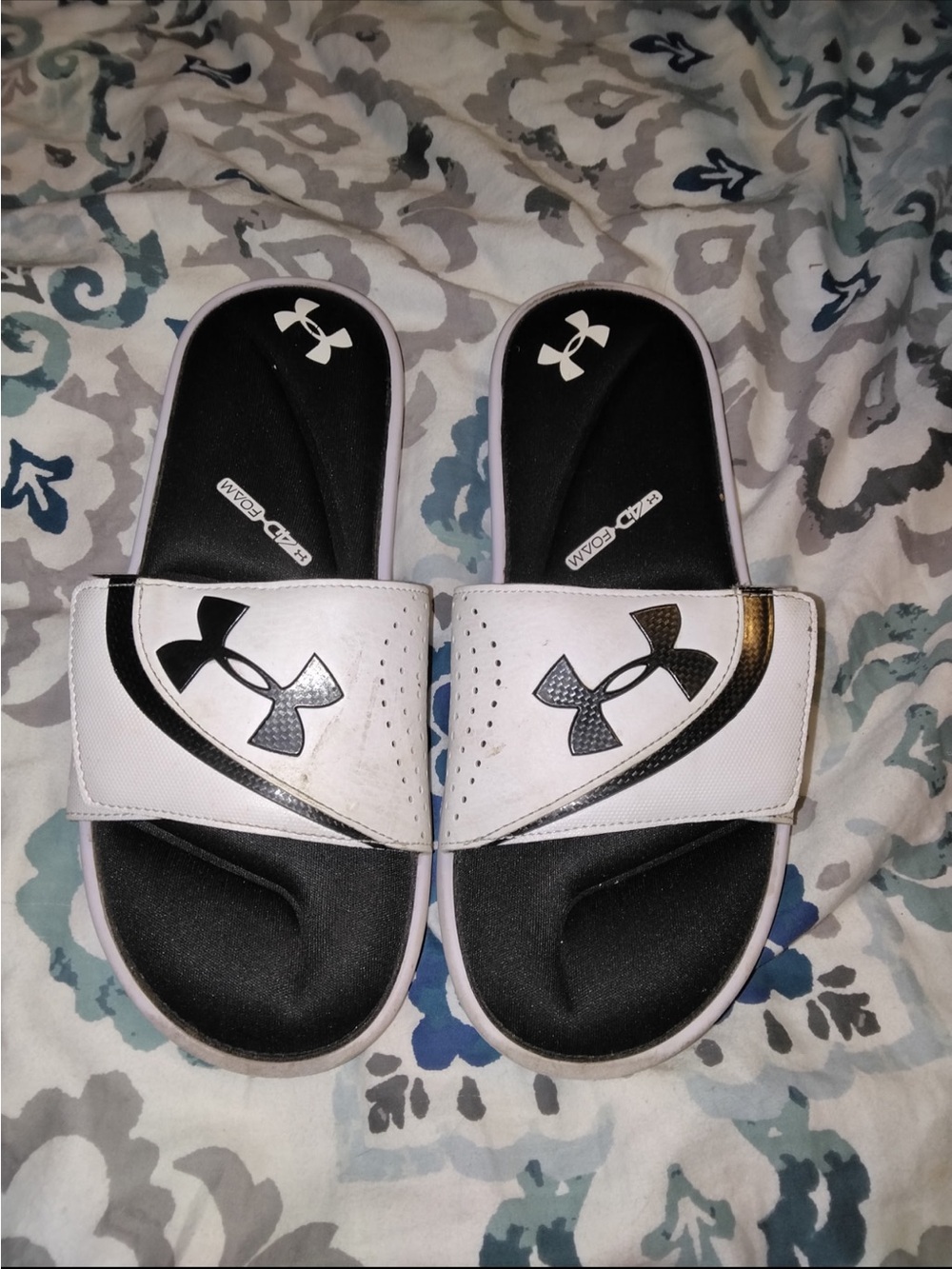 Under Armour Black and White Slide Sandals with Logo Strap
